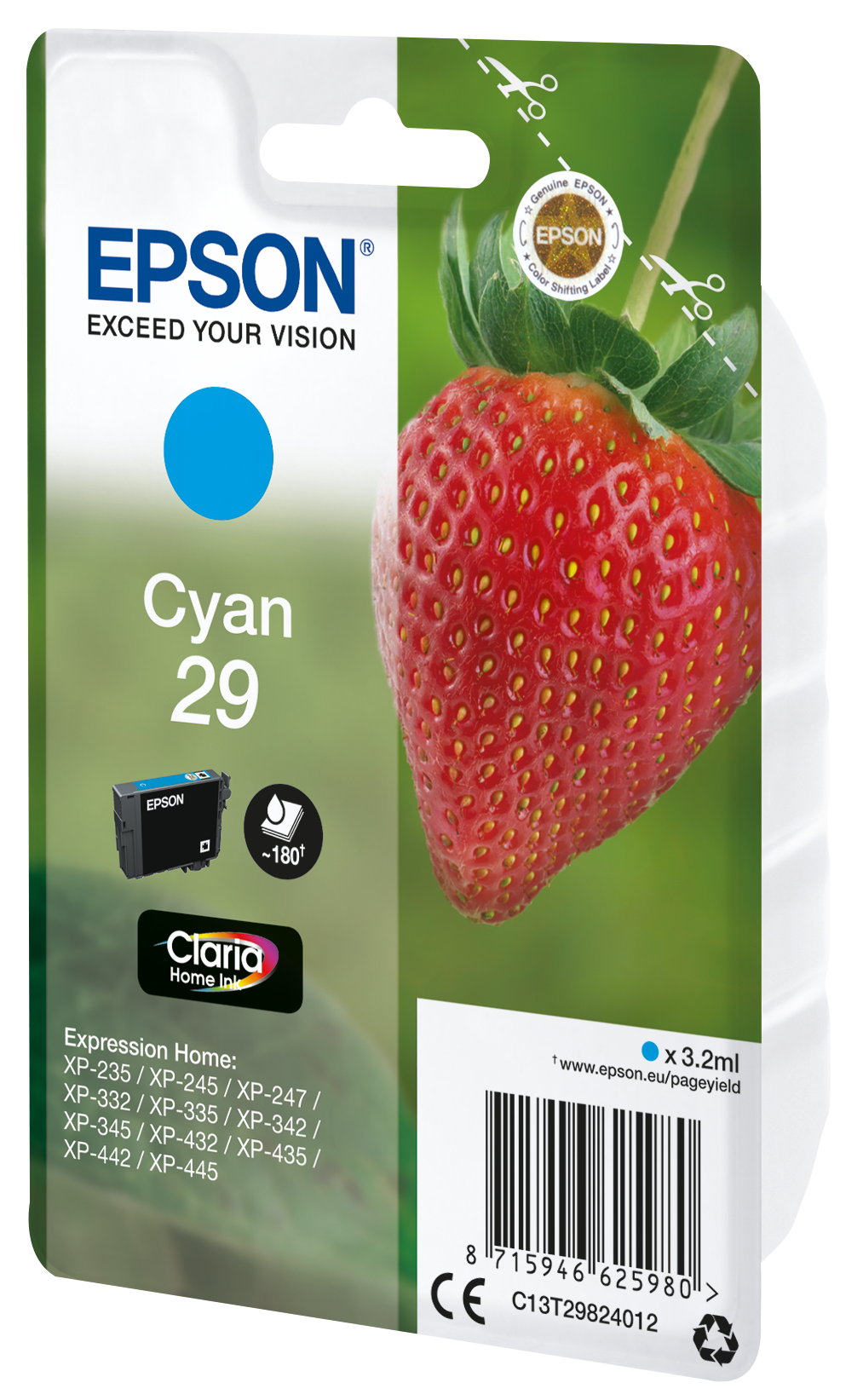 Epson Cyan 29 ink cartridge. A strawberry is to the right of the cartridge. It has a light green background.