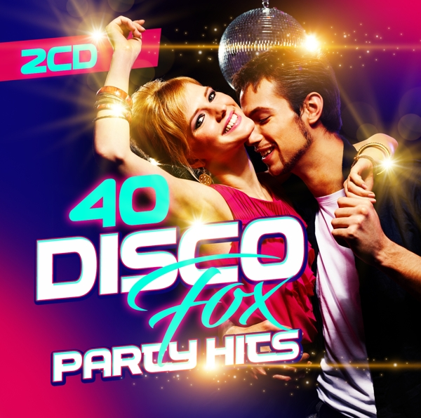 Albumcover für '40 Disco Fox Party Hits'. Zeigt ein tanzendes Paar mit einer Discokugel im Hintergrund.