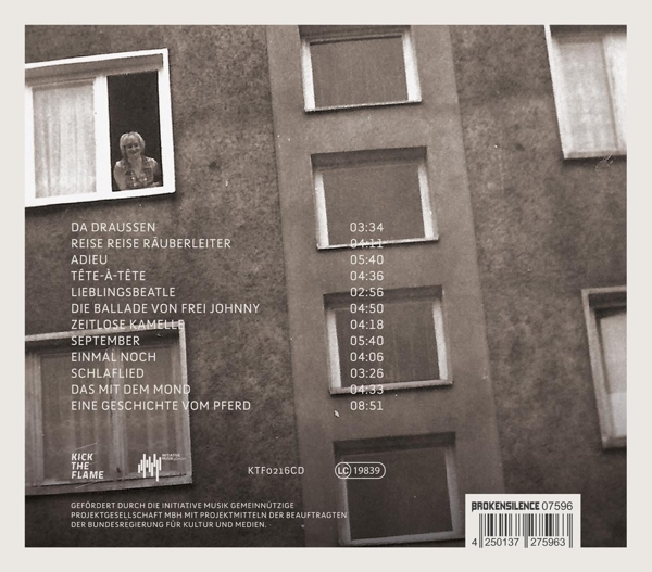 Albumcover mit Songtiteln und einer Frau, die aus einem Fenster schaut. Der Hintergrund ist braun.