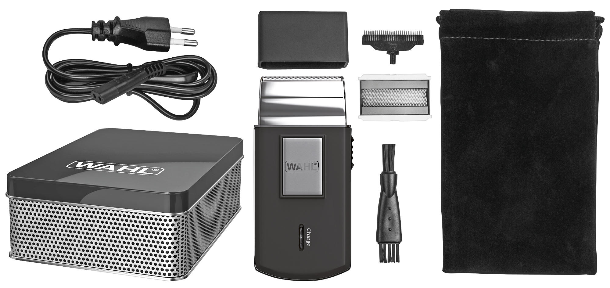 Un rasoir électrique Wahl avec accessoires sur fond blanc.