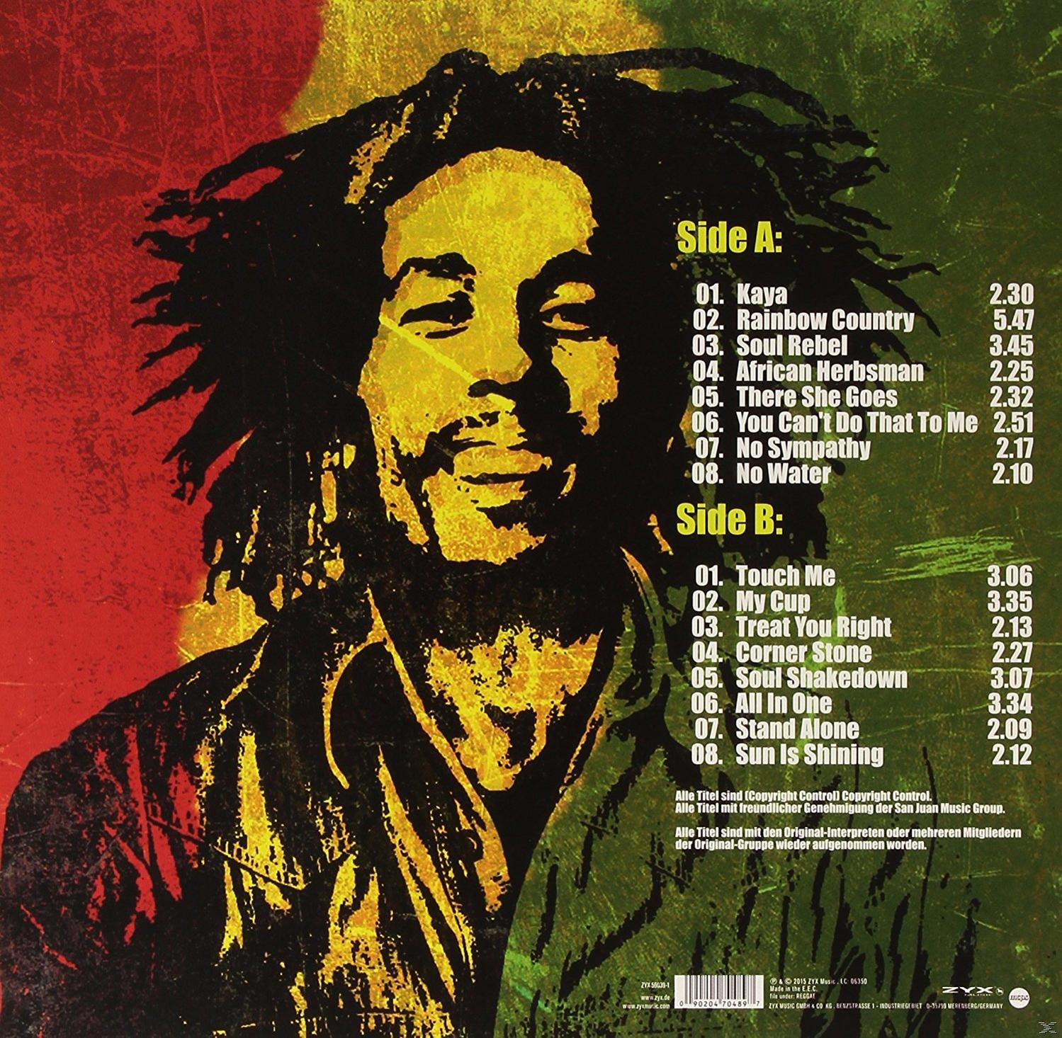 Albumcover mit Bob Marley Porträt und Trackliste, Seite A und B, auf rotem, gelbem und grünem Hintergrund.