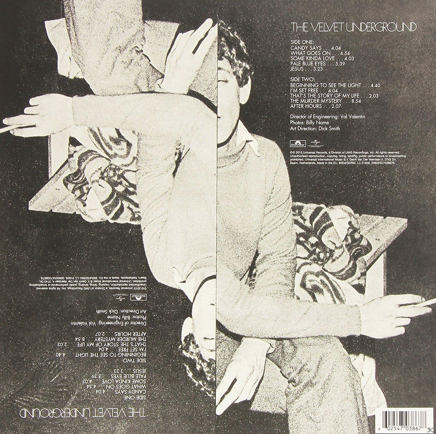 Album-Rückseite von 'The Velvet Underground'. Schwarz-Weiß-Foto. Enthält die Titelliste und Credits.
