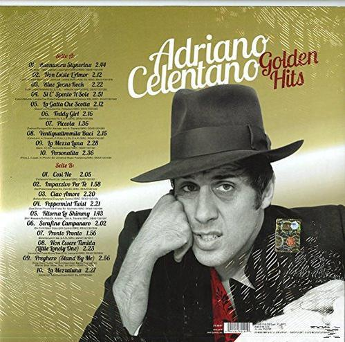 Albumcover mit Adriano Celentano mit Hut. Text sagt 'Golden Hits' und Songtitel sind aufgelistet.