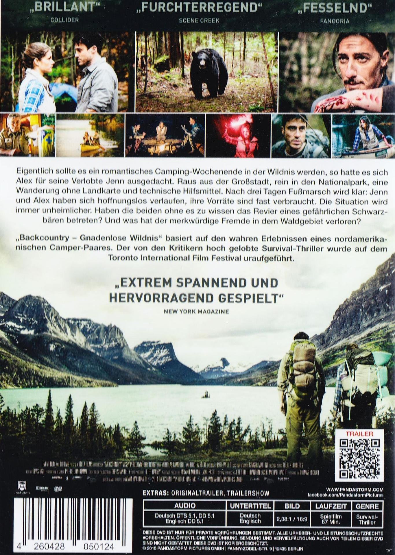 Backcountry DVD-Cover. Ein Mann im Wald mit Rucksack. Weitere Filmszenen sind zu sehen.