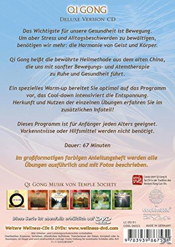 CD-Rückseite mit Text, Werbung für Qi Gong Deluxe Version CD und verschiedene CD-Cover.