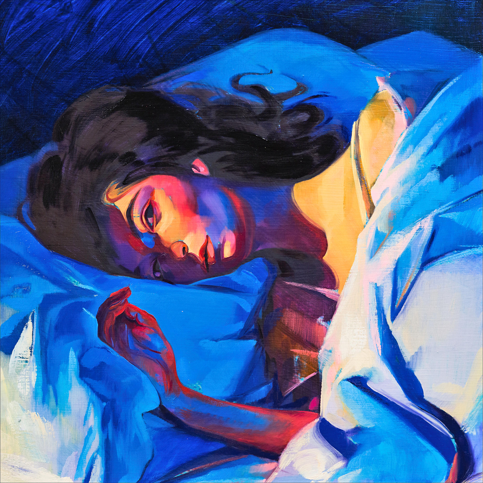 Ölgemälde einer Frau im Bett, blaue Laken und Kissen, dunkle Haare.