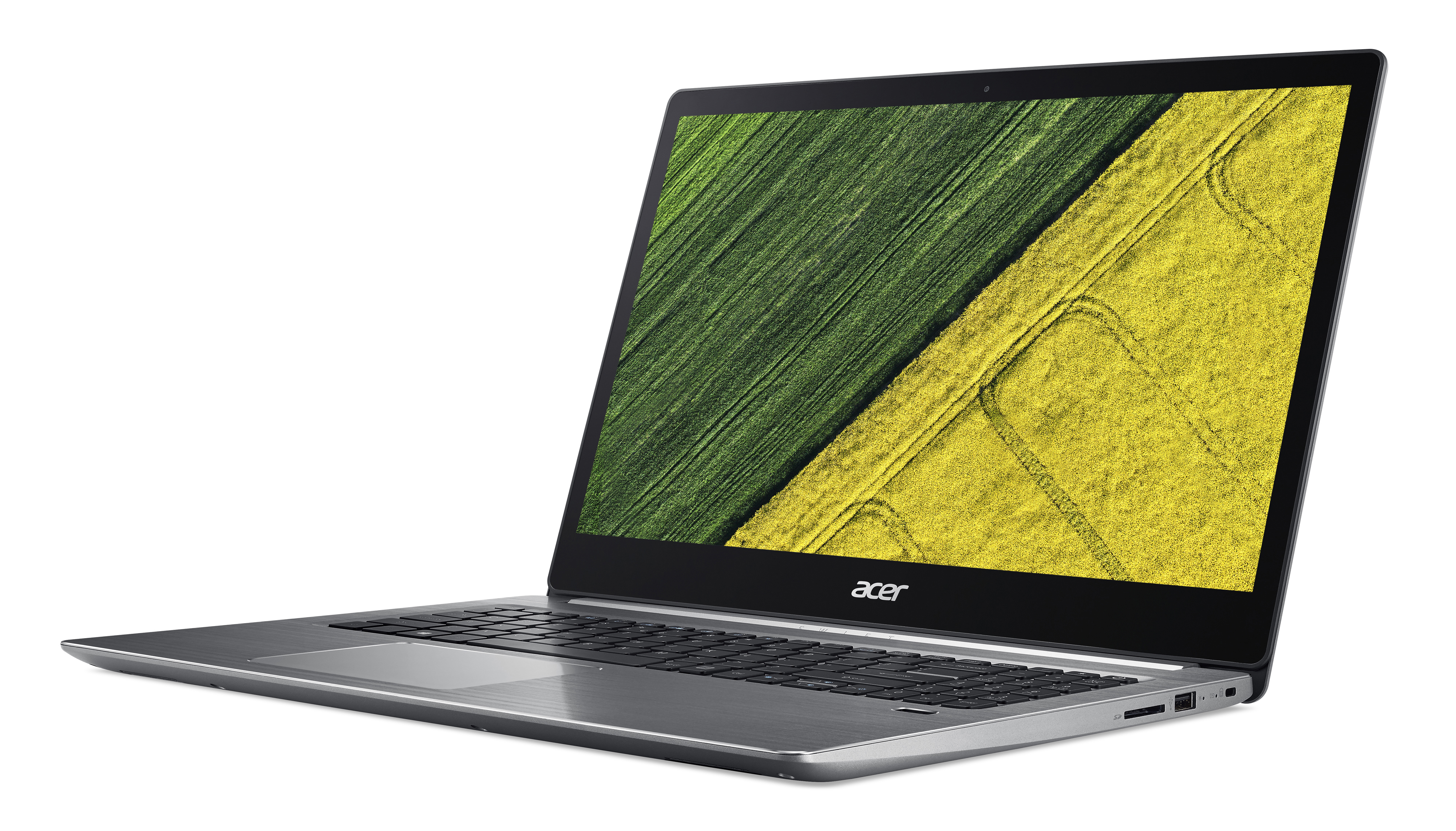 Ein silberner Acer-Laptop auf weißem Hintergrund. Der Bildschirm zeigt ein Feld aus Grün und Gelb.