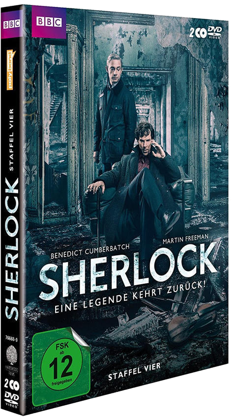 DVD-Cover von 'Sherlock' mit Benedict Cumberbatch und Martin Freeman. Ein zerstörtes Gebäude.