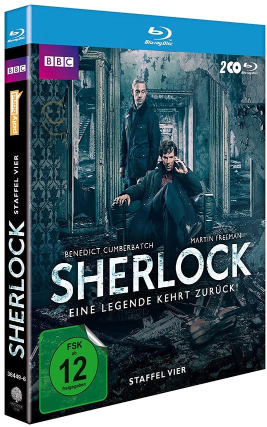 Sherlock Blu-ray Box-Set. Zwei Männer in einem Raum, einer sitzt. Titel: Sherlock. Text auf Deutsch. BBC-Logo.