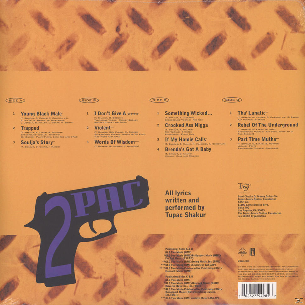Album-Rückseite mit Titelliste und Credits. Enthält das 2Pac-Logo und eine Waffe.