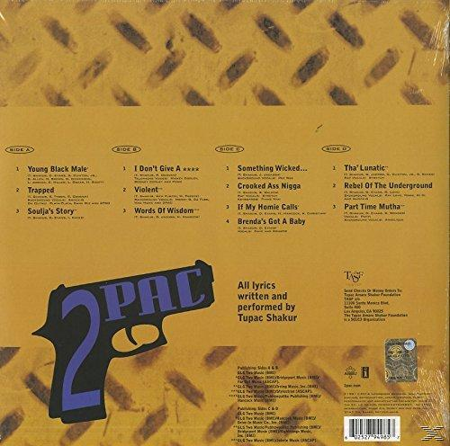 Albumcover, 2Pac, mit Pistouettensilhouette und Titelliste auf strukturiertem gelbem Hintergrund.