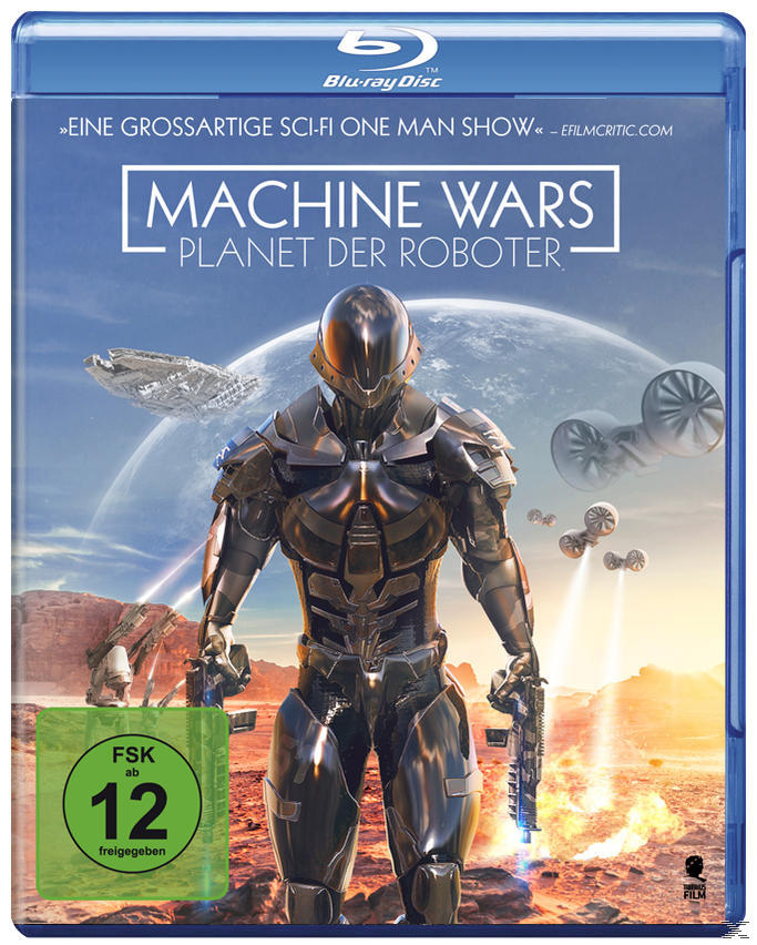 DVD-Cover, Roboter in Rüstung, Raumschiff, Text: Machine Wars, Planet der Roboter, Bewertungssymbol.