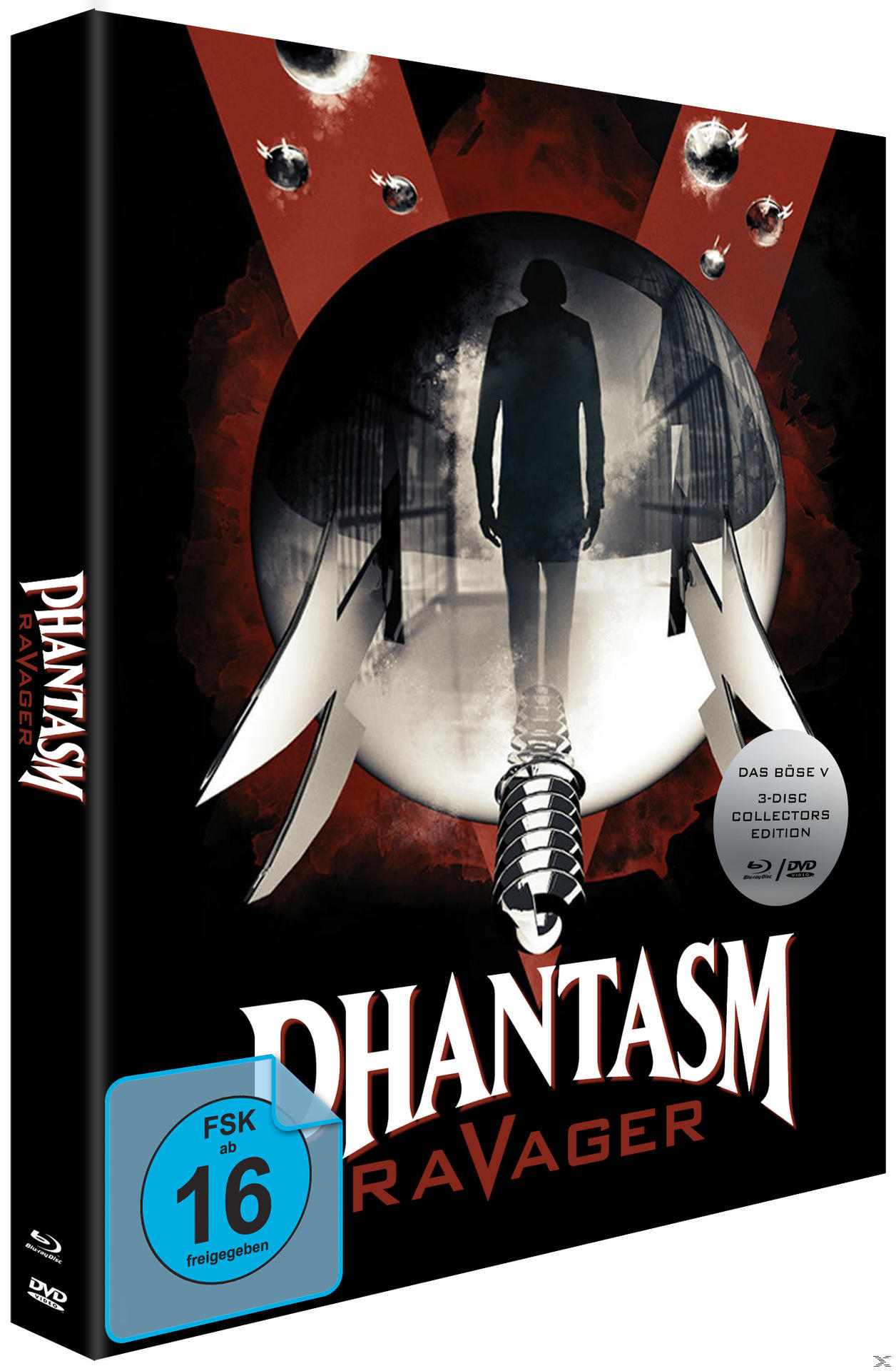 DVD-Cover mit einer Figur in einem dunklen Mantel, vor einem großen roten V. Titel: Phantasm: Ravager.
