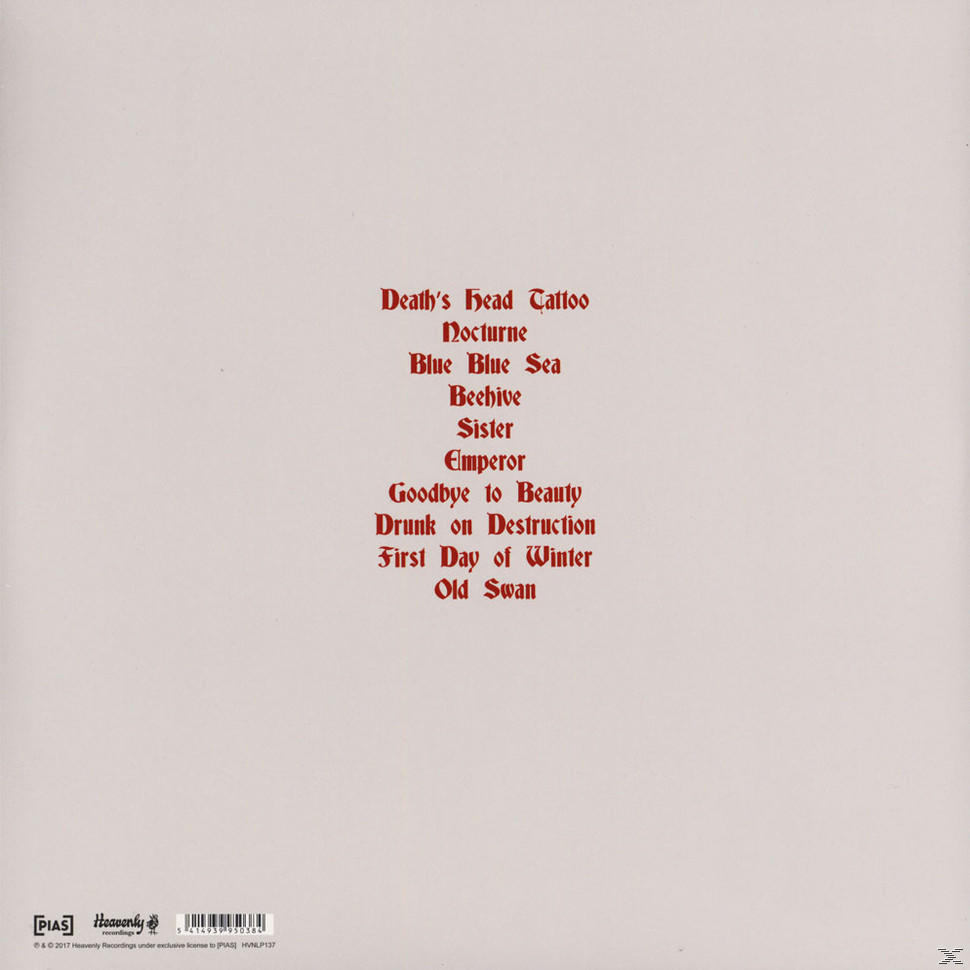 Weißer Hintergrund mit rotem, gotischem Text, der Titelliste enthält: Death's Head Tattoo, Nocturne, Blue Blue Sea, Beehive usw.
