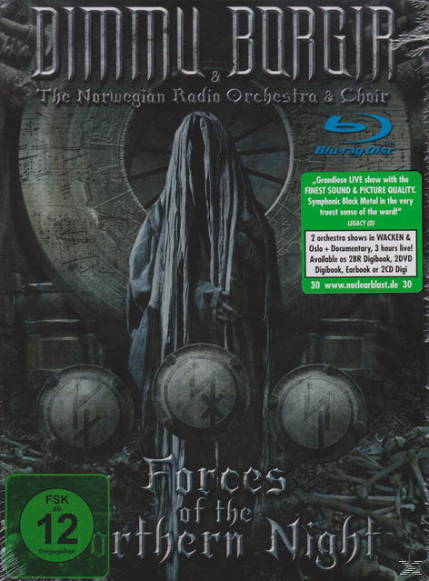 Blu-ray-Cover: Dimmu Borgir, Kapuzenfigur und Titel "Forces of the Northern Night".