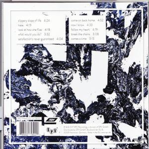 Rückseite eines Albums mit Songtiteln und einem weiß-blauen abstrakten Design.