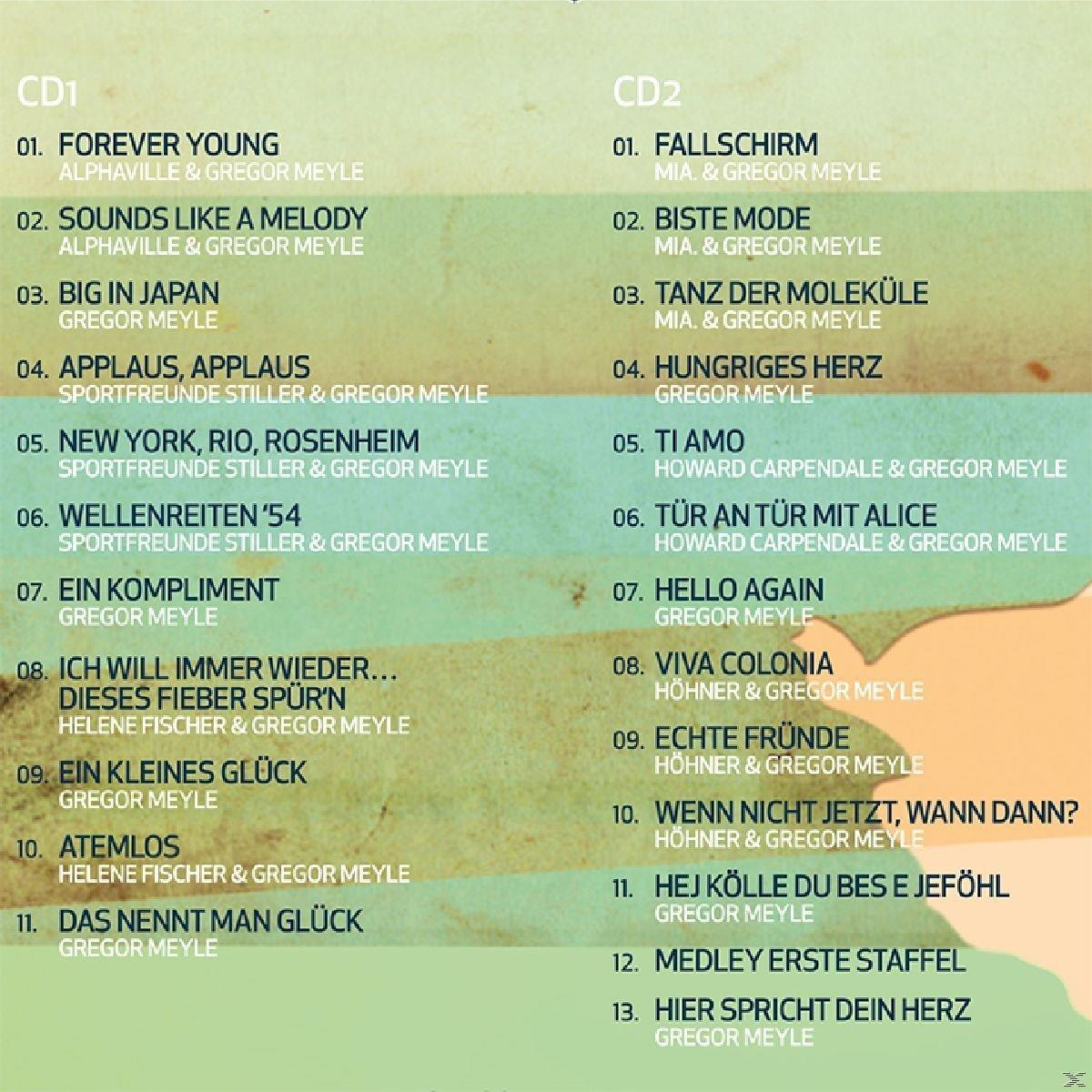 CD-Cover mit zwei Titellisten. Die erste Liste ist CD1, die zweite ist CD2. Bunter Hintergrund.