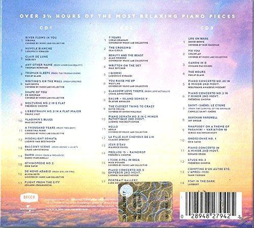 Rückseite einer CD mit Titellisten. Blauer und violetter Hintergrund. Die CD enthält entspannende Klaviermusik.