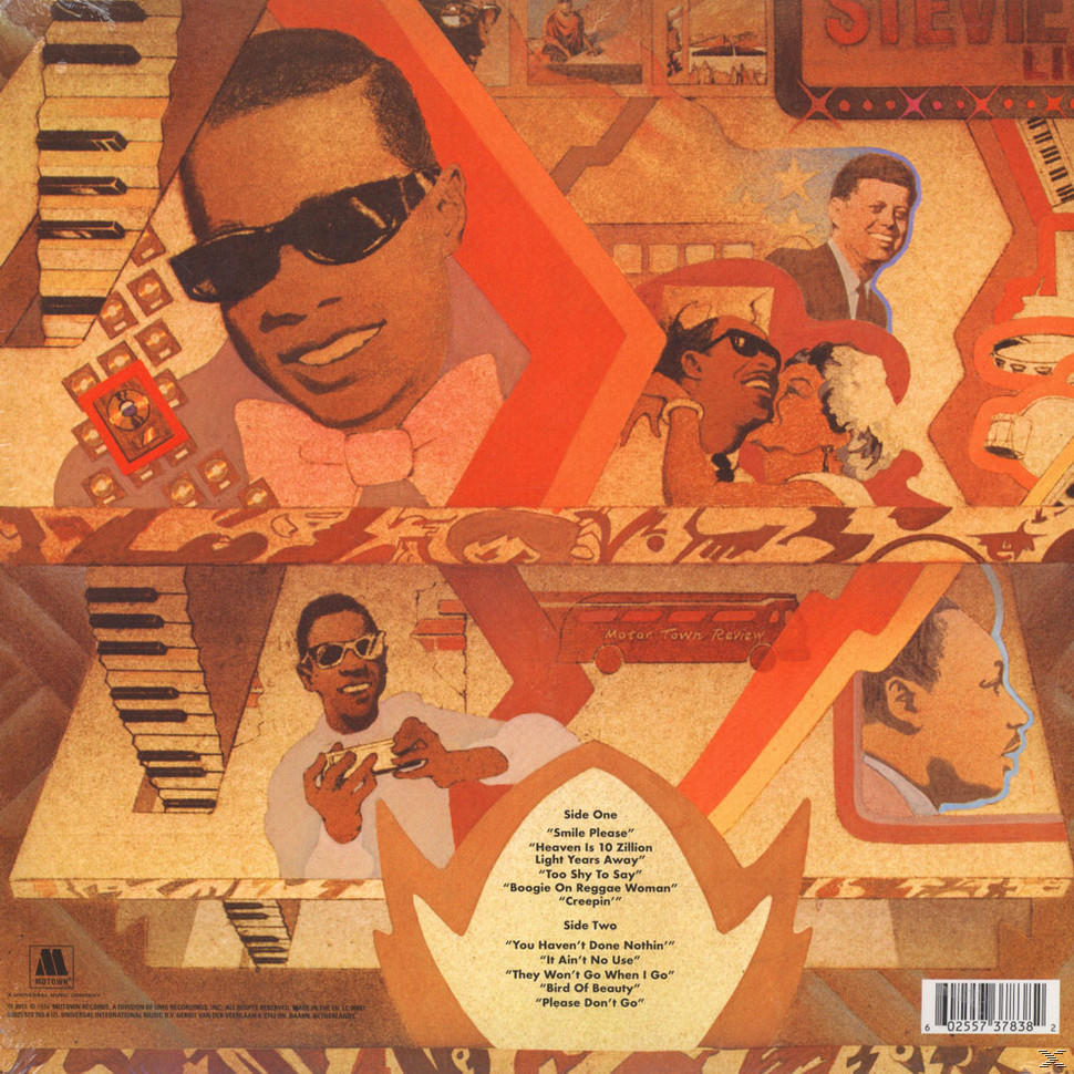 Albumcover mit Collage von Fotos von Stevie Wonder. Der Text enthält Songtitel und 'Motown'.
