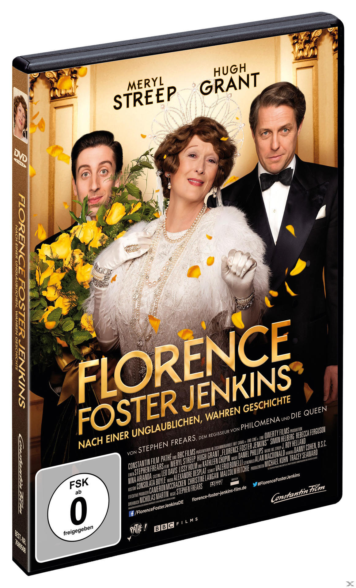 DVD-Cover für Florence Foster Jenkins. Meryl Streep, Hugh Grant und andere Schauspieler sind zu sehen. Deutscher Text.