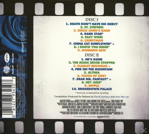 Filmrollen-CD-Rückseite mit Titelliste, Text in Weiß und Orange. Logos und Credits befinden sich unten.