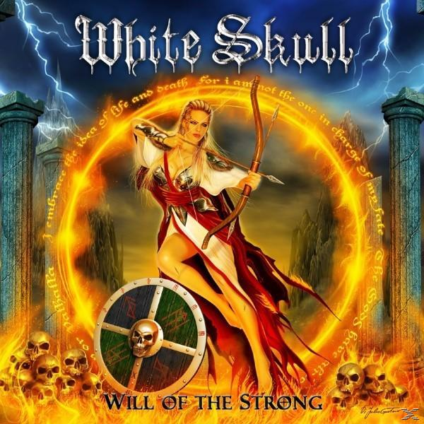 Albumcover für 'White Skull: Will of the Strong'. Eine Bogenschützin mit Schild und Totenkopf-Design.