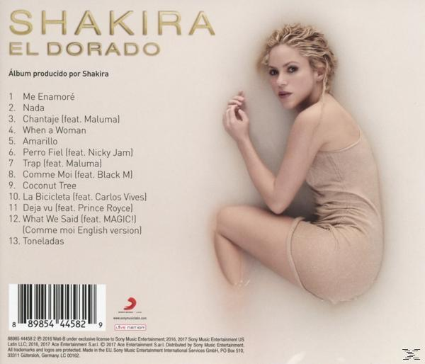 Shakiras El Dorado Albumcover, Shakira in beigem Kleid, Wasser. Titelliste links.