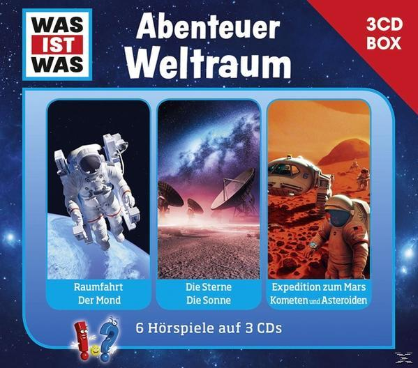Ein Cartoon-Bild vom Weltraum mit drei verschiedenen Szenen in einer Box und dem Buchtitel.