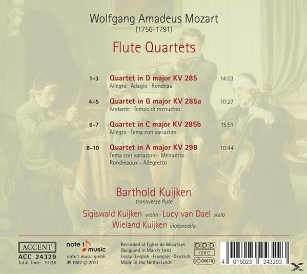 CD-Cover mit Text über Mozarts Flötenquartette und mehreren Illustrationen.