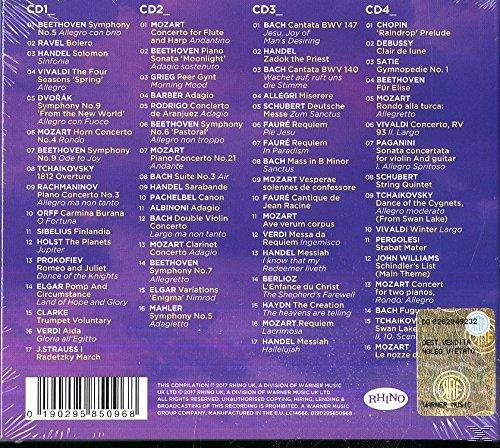 Vier CDs mit Titellisten auf einem lila und weißen Hintergrund. Die Rückseite eines CD-Sets.
