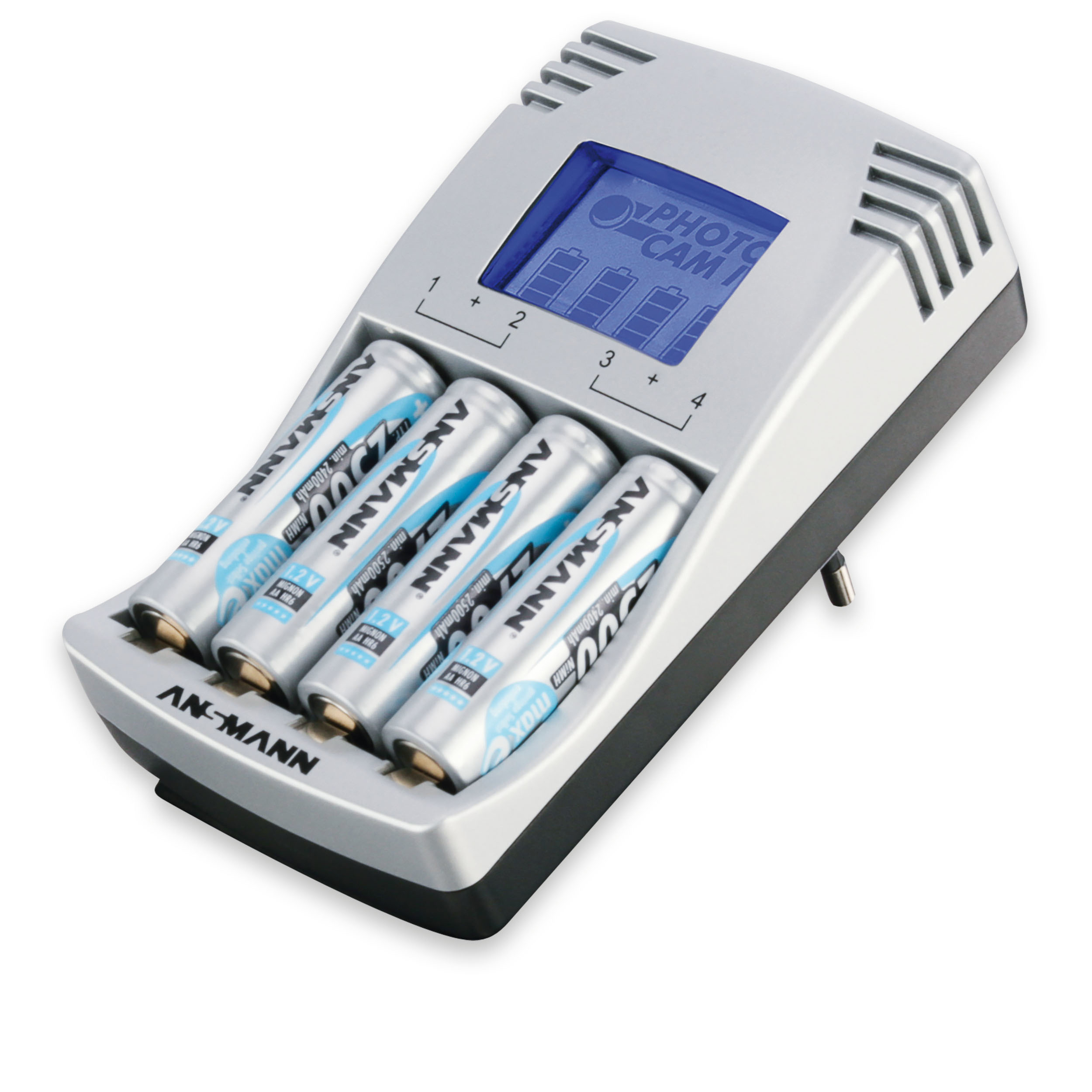 ANSMANN PhotoCam IV + 4 Mignon Akku Typ 2500  Ladegerät, 2x 3.4V Rundzellen Volt Micro AAA: 500mA (2/4), Mignon AA: 500mA (2/4), Silber