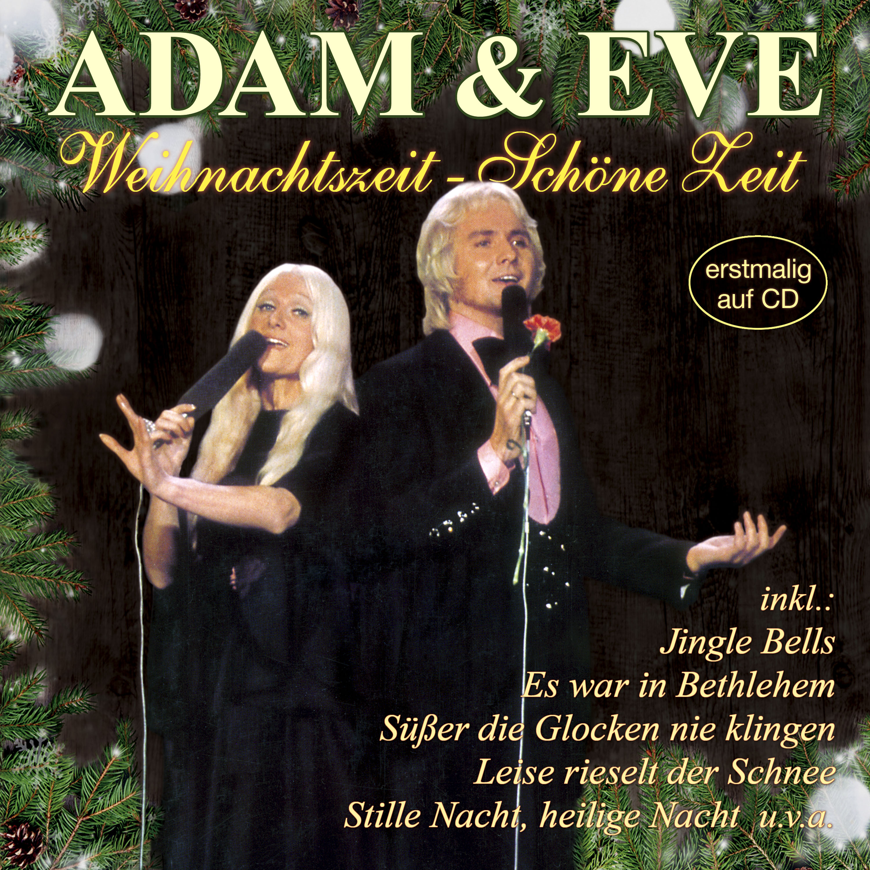 CD-Cover von Adam & Eva beim Singen. Text auf Deutsch. Weihnachten-Thema.