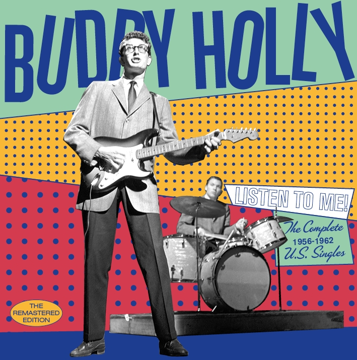 CD-Cover: Buddy Holly mit Gitarre und einem Schlagzeuger hinter ihm. Text: Listen to Me!