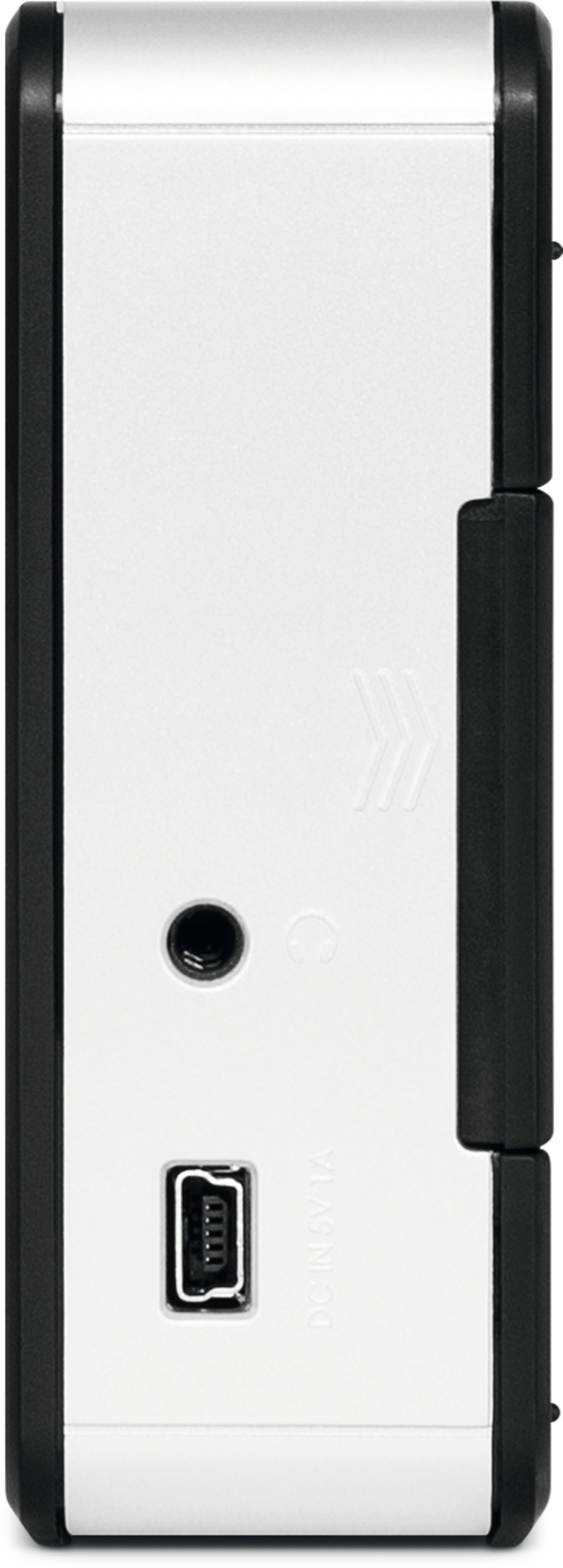 Seitenansicht eines weißen und silbernen Geräts. Mit Kopfhöreranschluss, USB-Anschluss und Pfeilen.