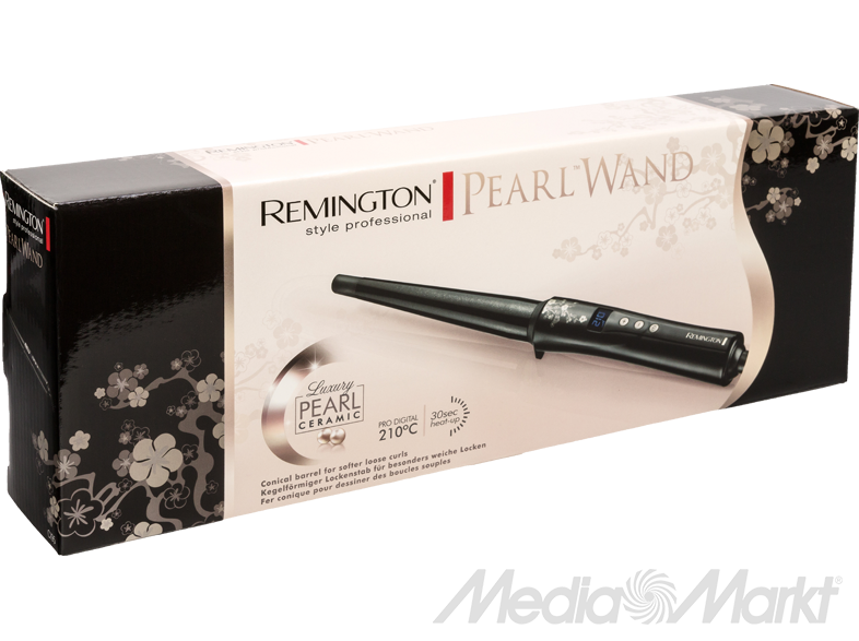 Remington Pearl Wand hajgöndörítő doboza. Fekete doboz termékképpel és márkajelzéssel.