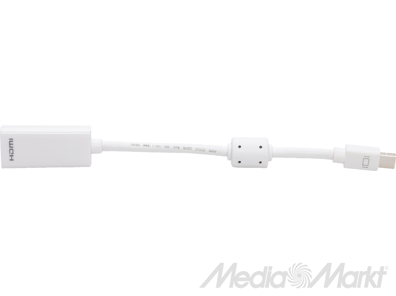 Fehér HDMI-Mini DisplayPort átalakító kábel. Fekete háttér MediaMarkt logóval.