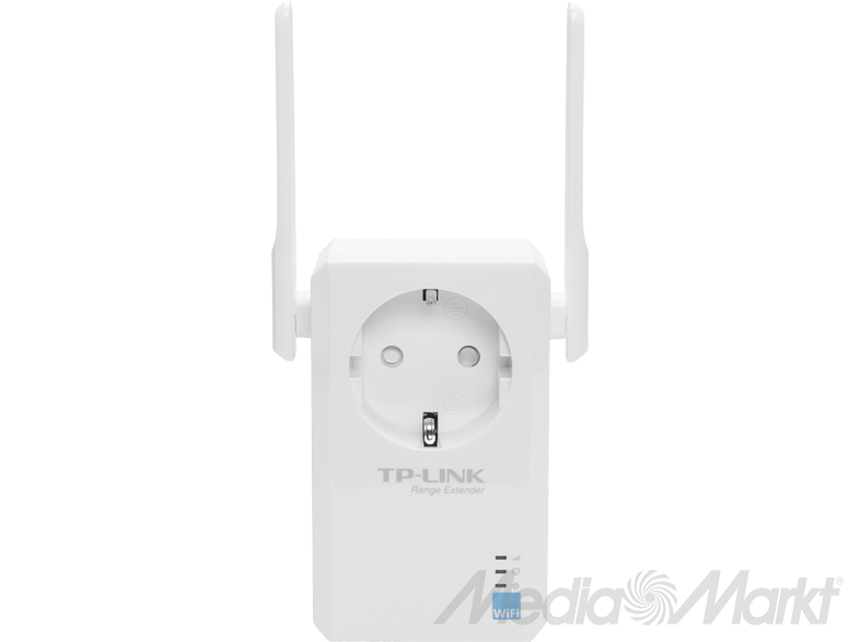 Fehér TP-Link hatótávolság-növelő két antennával és dugóval. MediaMarkt és WiFi logókkal.