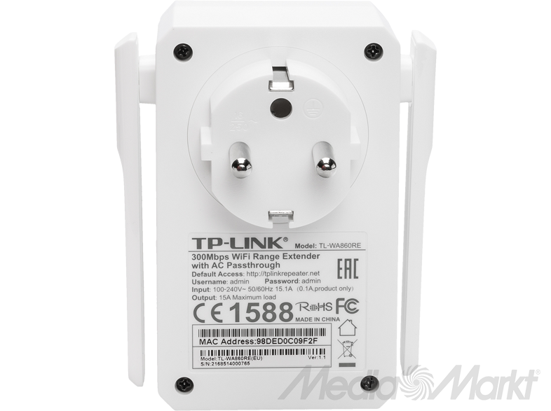Fehér TP-Link WiFi Range Extender hátulja, AC átmenettel, dugasz látható. Antennák, termékinfó.