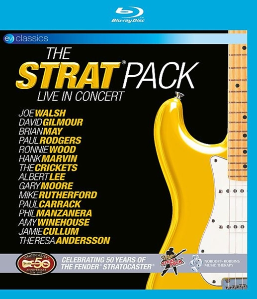 Ein CD-Cover für das Konzert 'The Strat Pack'. Es zeigt eine gelbe Gitarre und eine Liste der Interpreten.