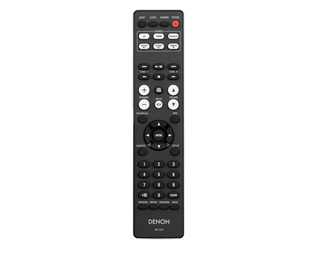 Denon-Fernbedienung mit Tasten für verschiedene Funktionen, einschließlich Quelle und Lautstärke.