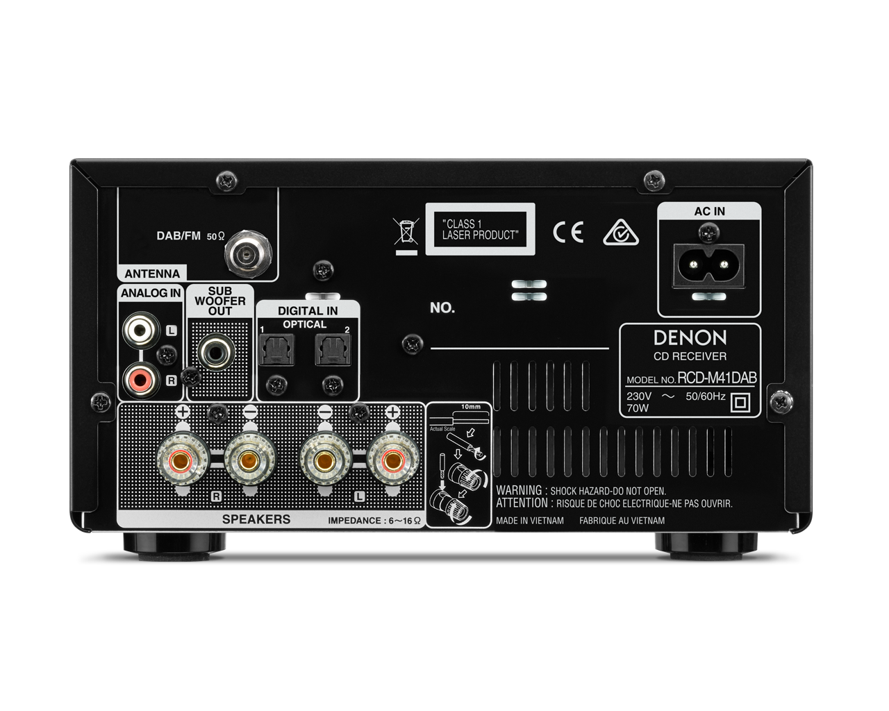 Rückseite eines schwarzen Denon CD-Receivers mit Eingängen, Ausgängen und einem Stromeingang.