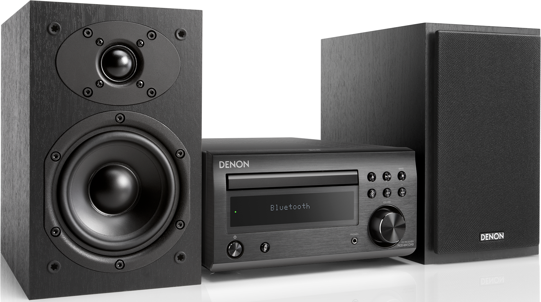 Stereoanlage. Schwarze Lautsprecher und ein Empfänger. Bluetooth-Anzeige. Modernes und schlankes Design.