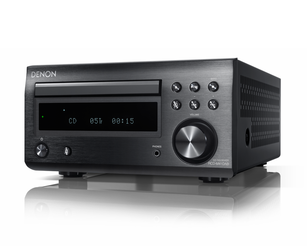 Ein schwarzer Denon CD-Receiver mit CD-Anzeige, Knöpfen und einem Lautstärkeregler auf schwarzem Untergrund.