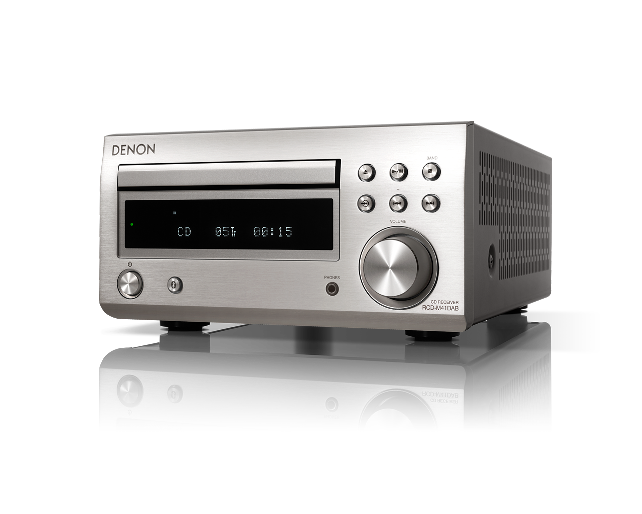 Silberner Denon CD-Player mit Display und Knöpfen.