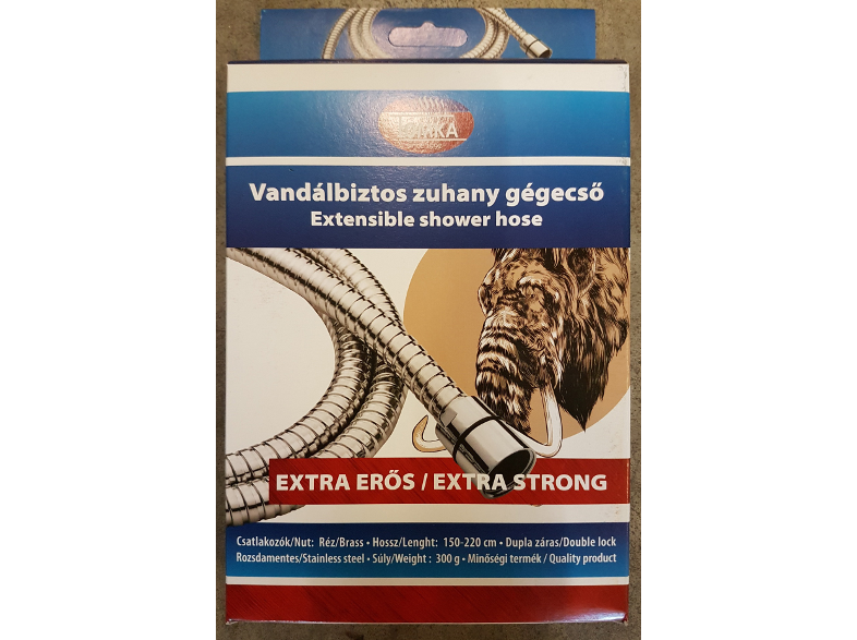 Zuhanycső doboza, idegen nyelvű szöveggel, rozsdamentes acél tömlő látható.
