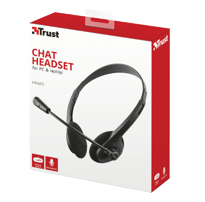 Dobozos fekete Trust chat headset PC-hez és laptophoz. Mikrofon és hangerőszabályzó ikonokat tartalmaz. Piros-fehér csomagolás.