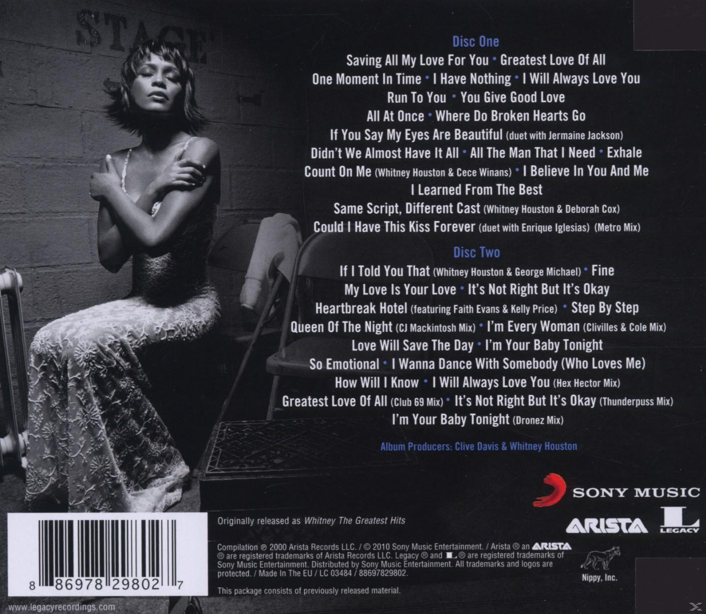 Whitney Houston Albumcover. Schwarzweißfoto von Whitney, Titelliste auf der Rückseite.