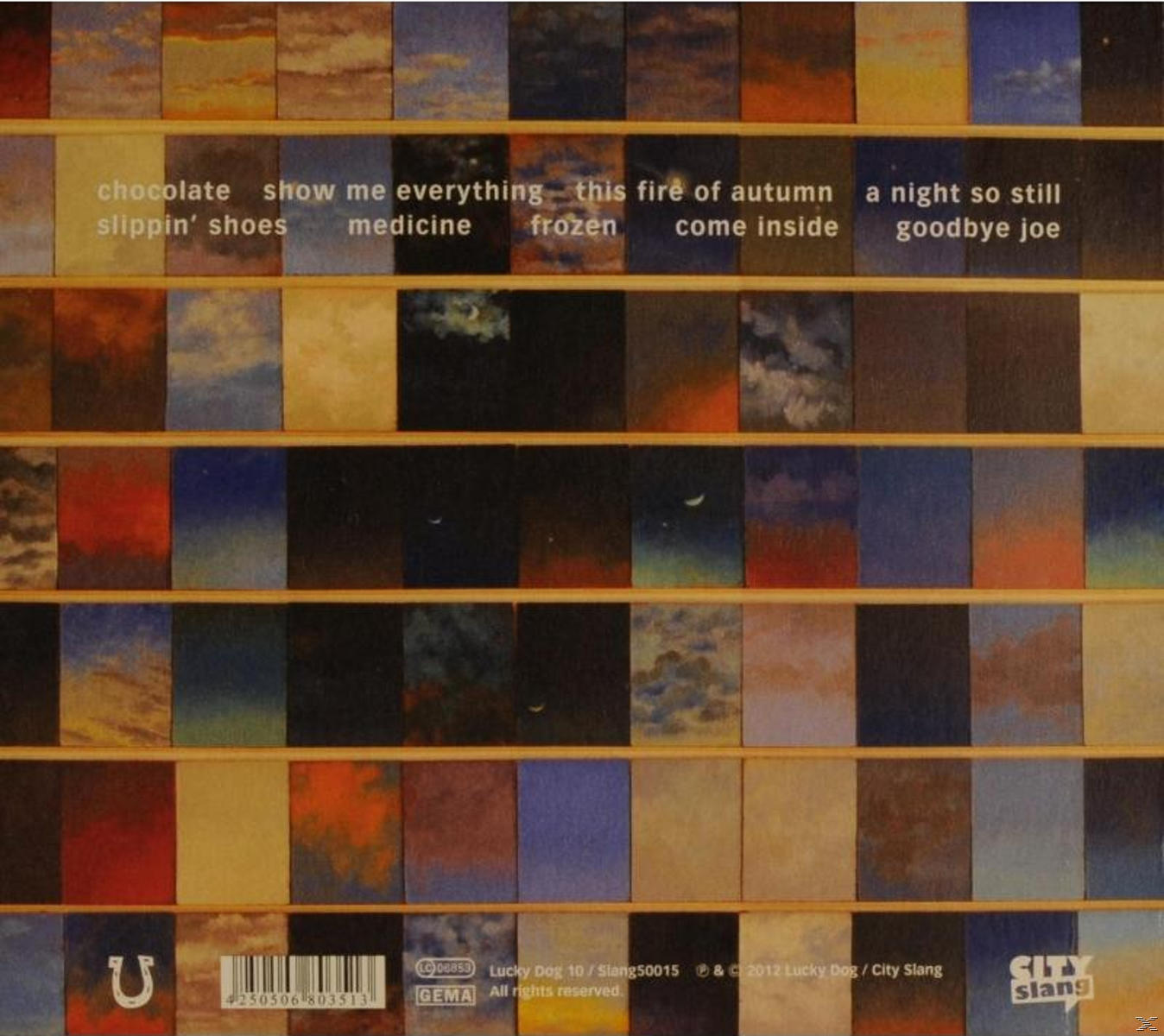 Ein farbenfrohes Albumcover mit verschiedenen abstrakten Gemälden.