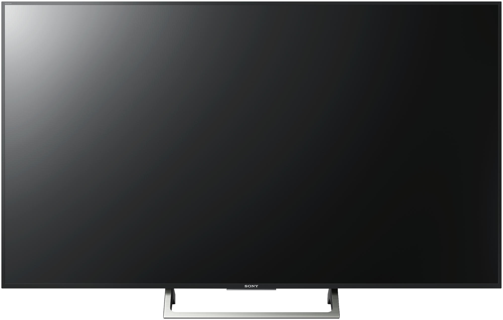 Beyaz bir arka plan üzerinde, gümüş bir standa sahip büyük siyah düz ekran TV. Sony markası.