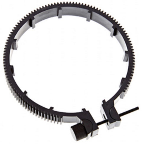 A black gear ring with adjustable mounts and a screw, used for camera focus.